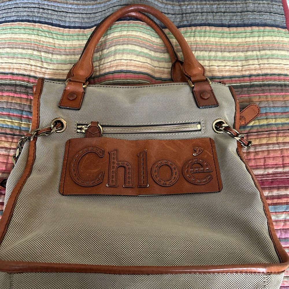 Chloé Beige Canvas and Tan Leather Hobo Tote